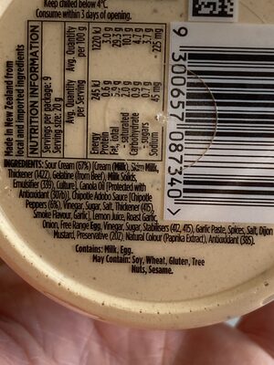 Creamy Chipotle Dip ingredients label