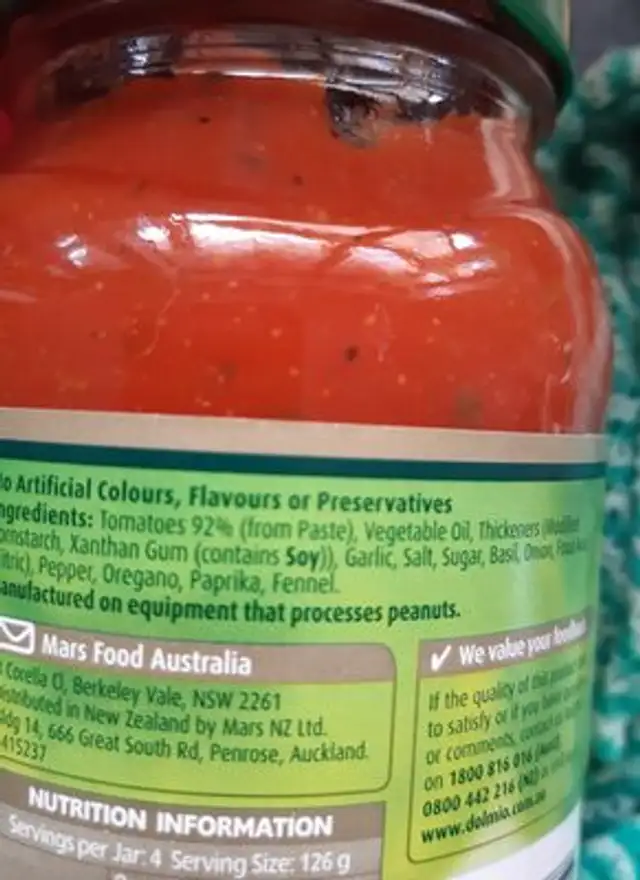 Dolmio Lasagne Thick Tomato Sauce ingredients label
