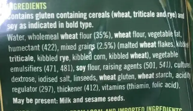 Moni wraps ingredients label