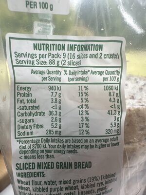 Sliced Mixed Grain Bread nutrition facts table
