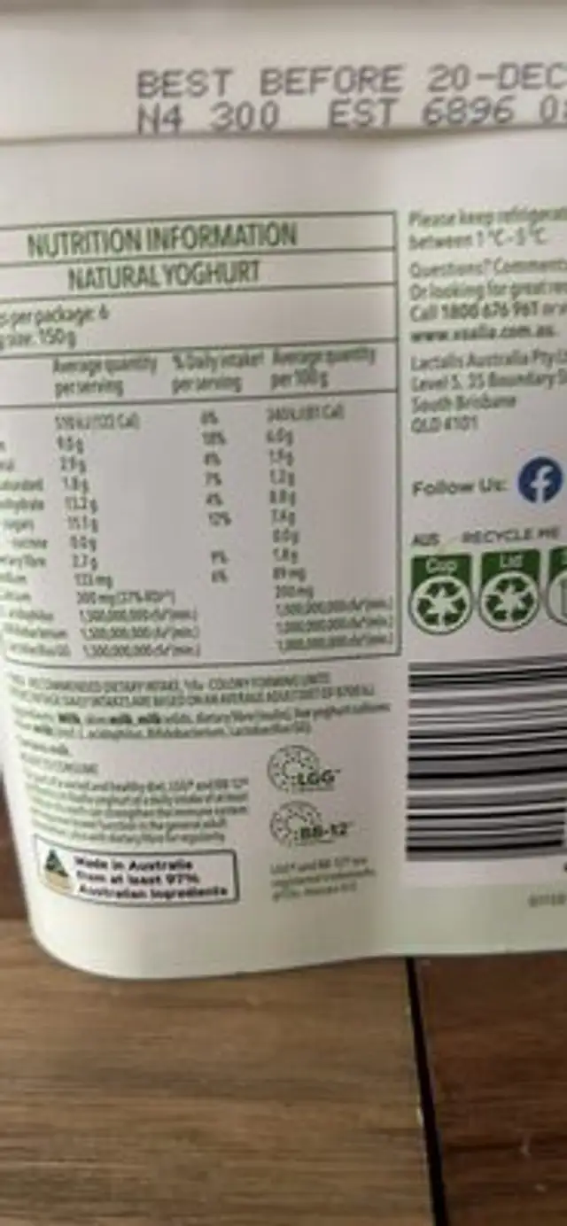 Natural Yoghurt nutrition facts table