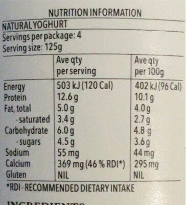 Yoghurt nutrition facts table