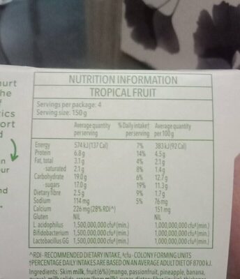 Vaalia probiotics nutrition facts table