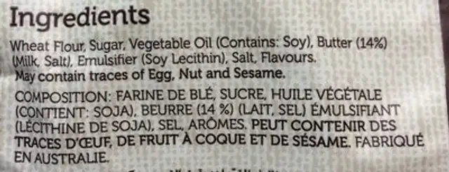 Butter Shortbread Cookies ingredients label