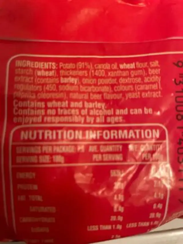 Golden crunch beer batter chips ingredients label