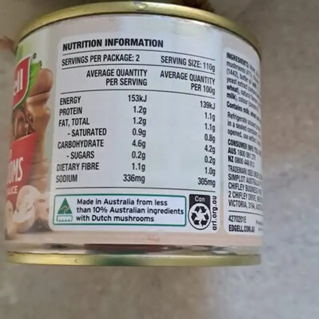 SLICED MUSHROOMS IN BUTTER SAUCE ingredients label