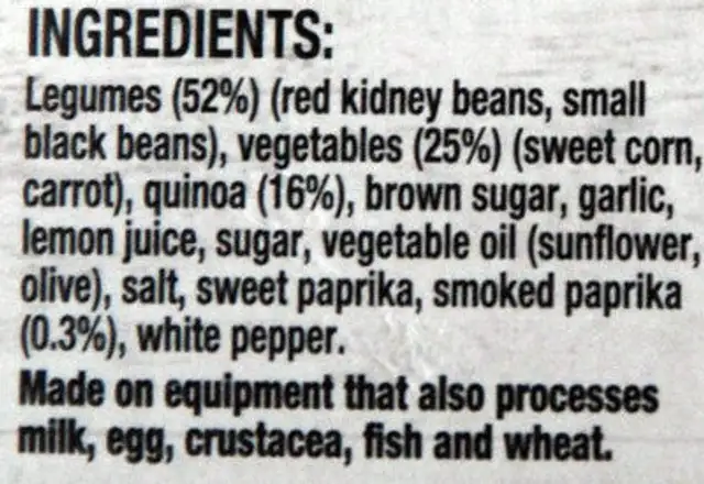 Red Kidney Bean Salad ingredients label