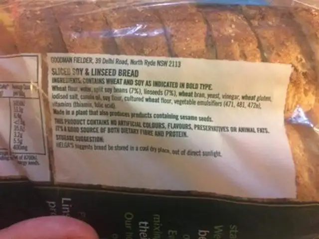 Helga's Soy and Linseed Bread 850G ingredients label