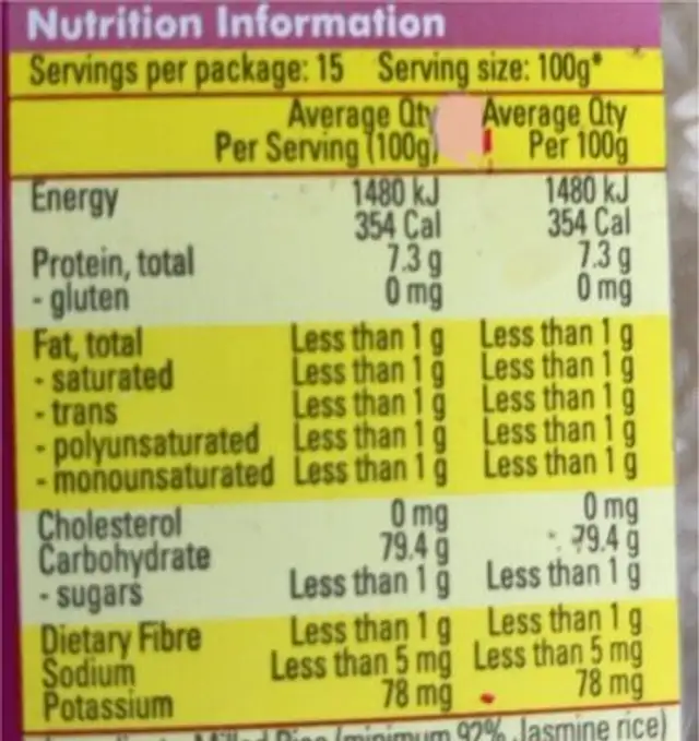Jasmine Fragrant Rice nutrition facts table