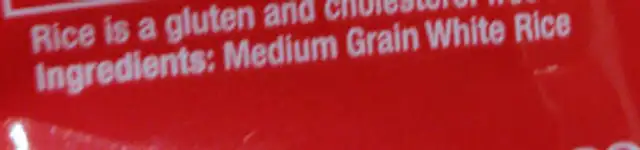 White medium Rice ingredients label