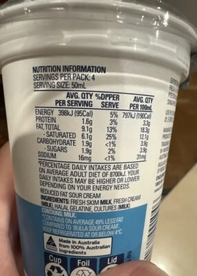 Light sour cream nutrition facts table