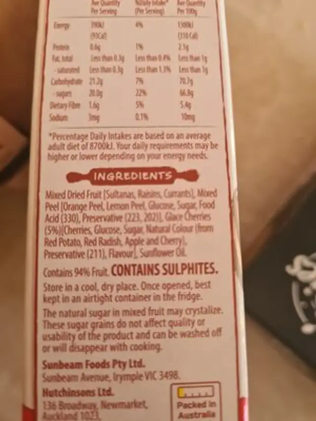 Mixed fruit ingredients label