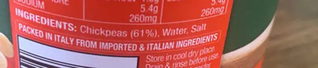 Chickpeas ingredients label