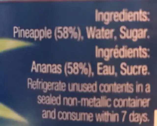 Sliced Pineapple ingredients label
