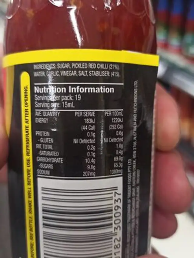 Sweet chilli sauce ingredients label