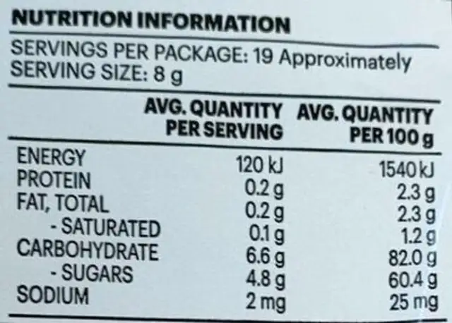 Sour rainbow straps nutrition facts table