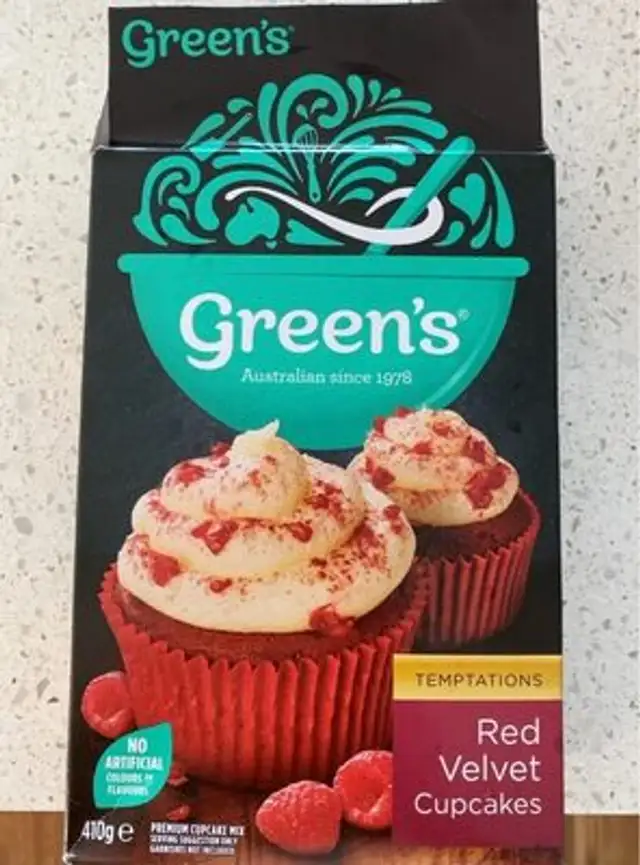 Red velvet cupcakes front packaging