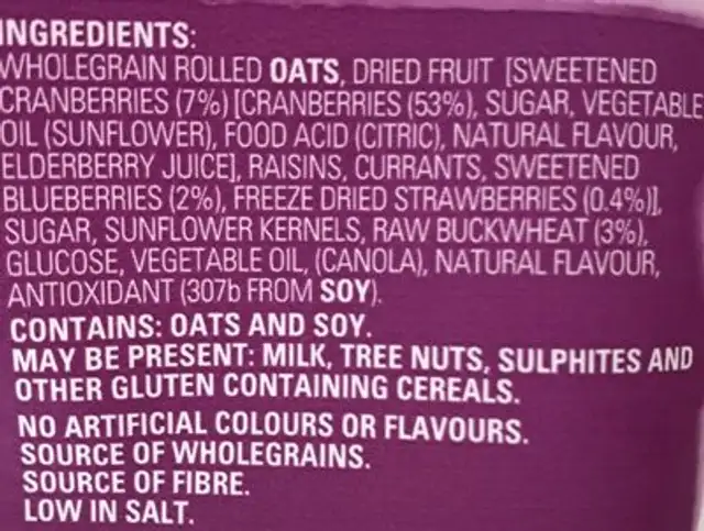 Berry Muesli ingredients label