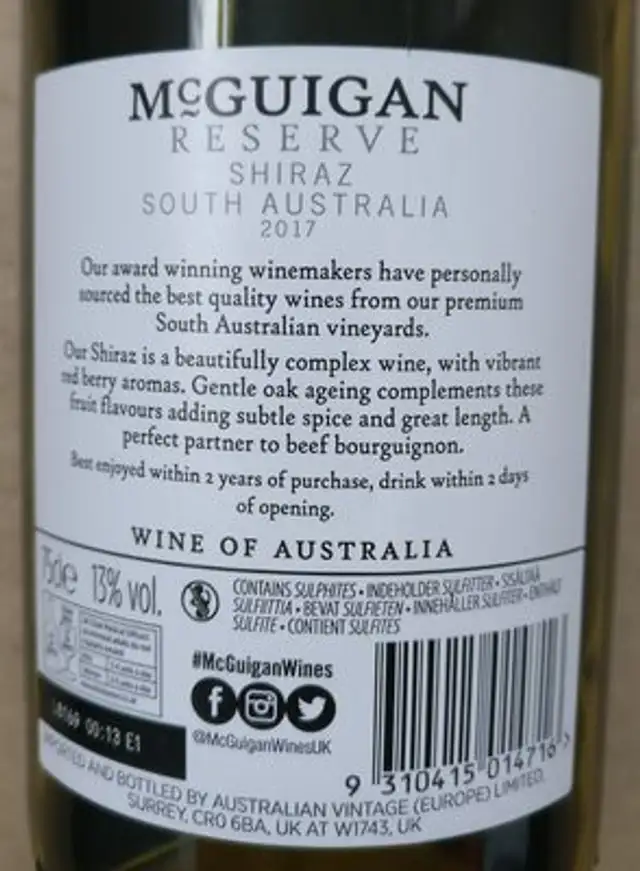 Shiraz ingredients label