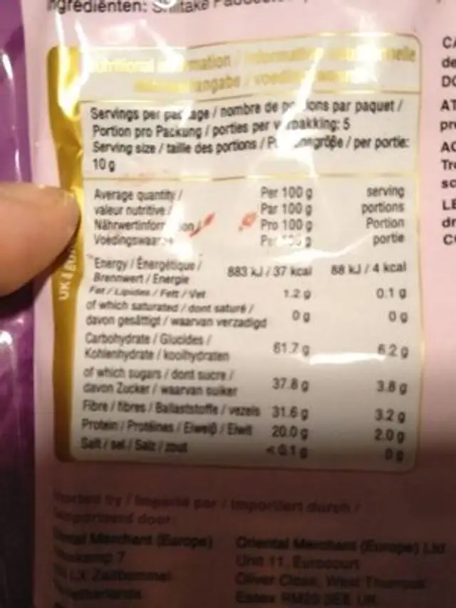 Champignons shiitake nutrition facts table