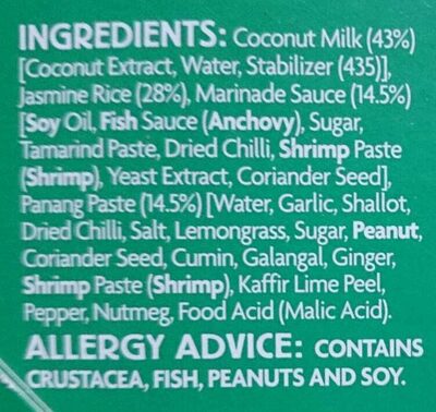 Panang curry meal kit ingredients label