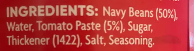 Baked beans in tomato sauce ingredients label