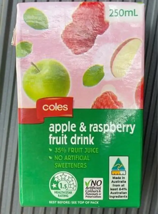 Apple and raspberry fruit drink front packaging