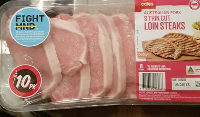Coles Australian Pork 8 Thin Cut Loin Steaks front packaging