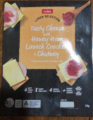 Tasty cheese with honey ham, lavosh crackers, and chutney front packaging