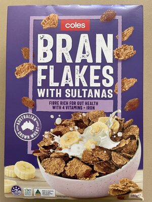 Coles Bran Flakes with sultanas front packaging