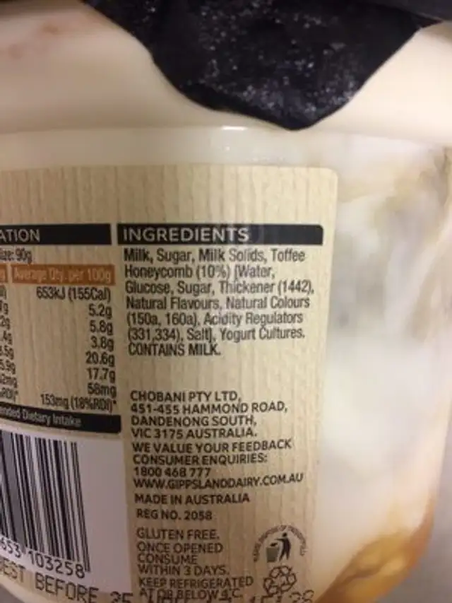 G / Land Toffee&hnycmb Ygt Twist ingredients label