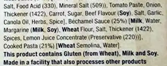 BEEF LASAGNE ingredients label