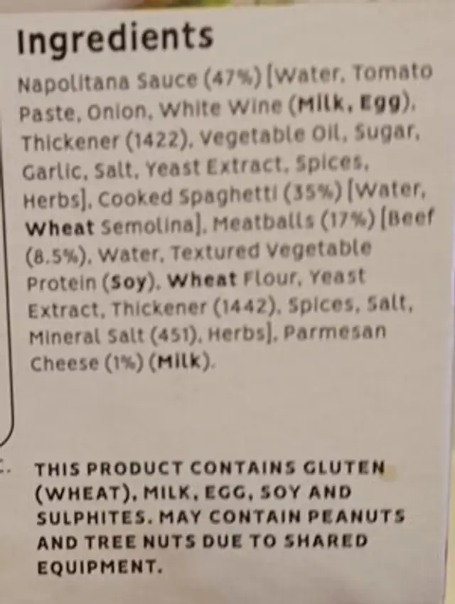 Spaghetti and meatballs ingredients label