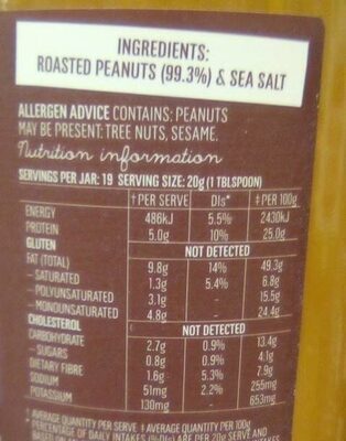Dark roasted Peanut Butter - smooth nutrition facts table