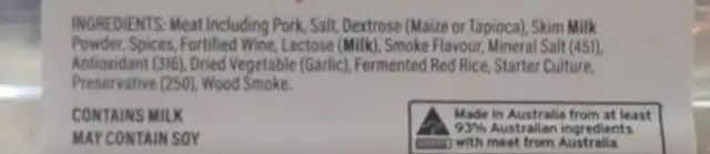 Danish Salami Thinly Sliced ingredients label