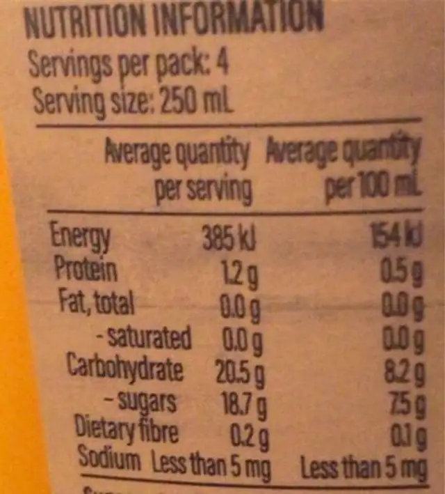 Harvey fresh orange juice nutrition facts table