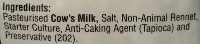 Shredded Mozzarella ingredients label