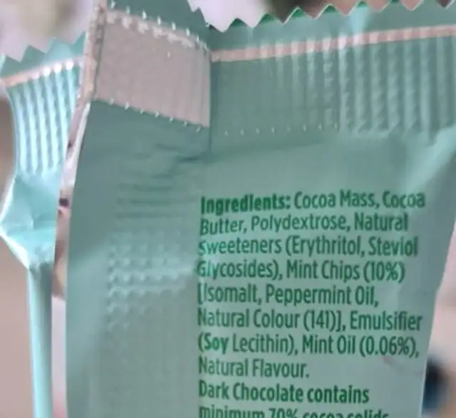 Dark Chocolate Mint Crisp ingredients label