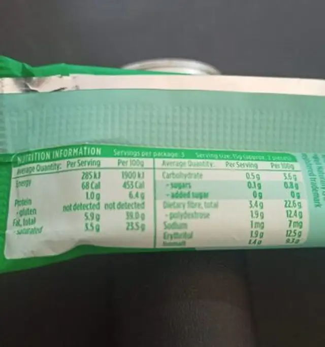 Dark Chocolate Mint Crisp nutrition facts table