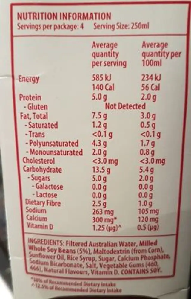 Lait de soja ingredients label