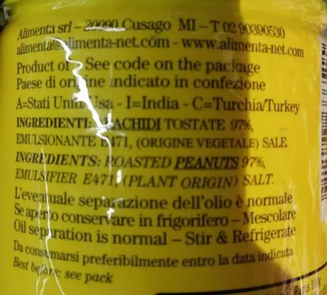 Peanut Butter ingredients label