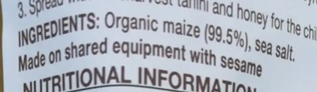 Thin corn cakes ingredients label