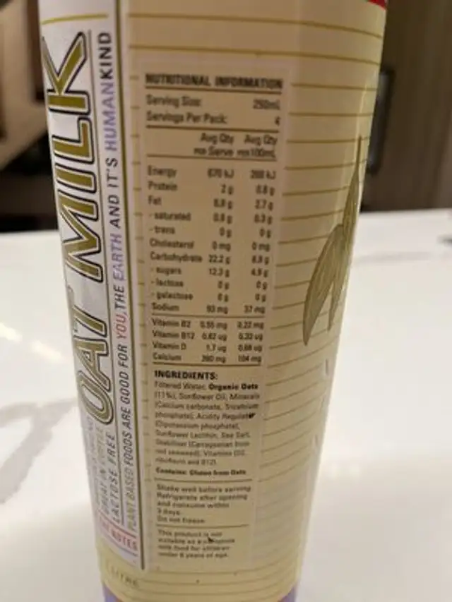 Oat Milk nutrition facts table