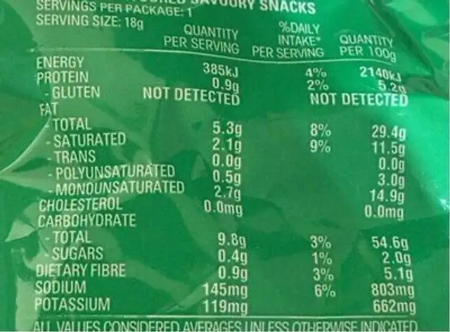 Jumpy's Chicken Flavoured Potato Snacks nutrition facts table