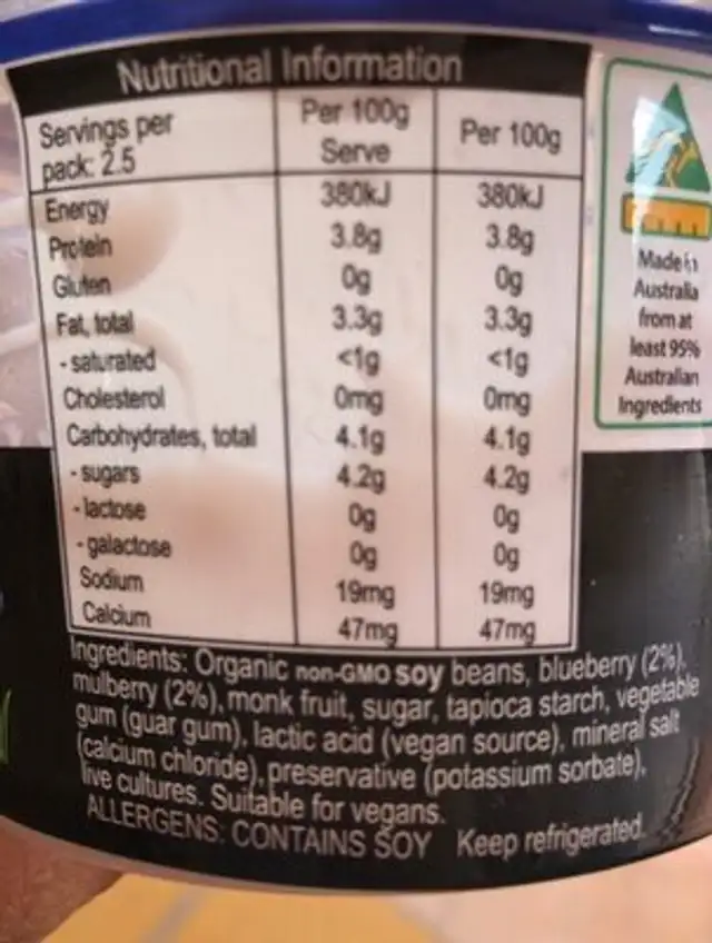 Berries Soy Yoghurt Org DF GF nutrition facts table