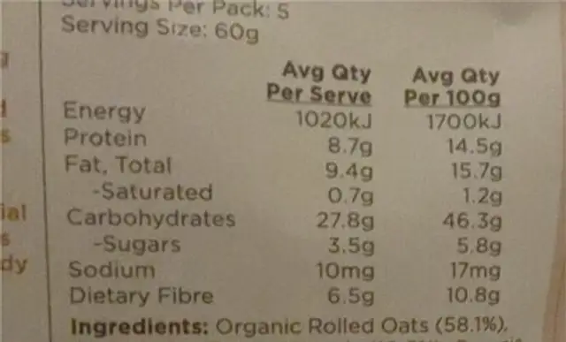 Organic overnight oats nutrition facts table