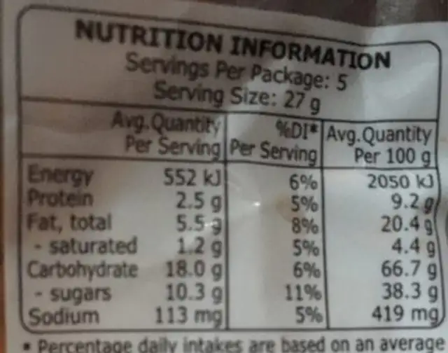 Sweetoz Hawaii Crunch 135G / 15 nutrition facts table