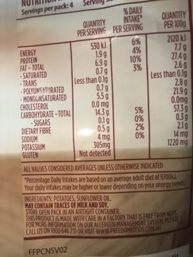 Freedom Foods No Salt Potato Chips 100GM ingredients label