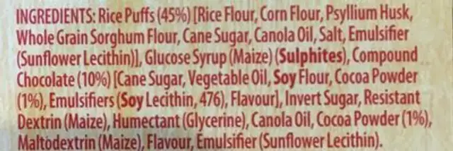 Freedom Foods Cocoa Crunch Rice Bars (6bars) 144G ingredients label