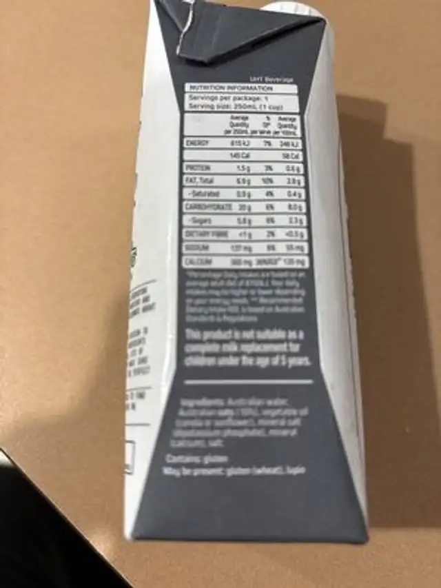 Oat MILK ingredients label